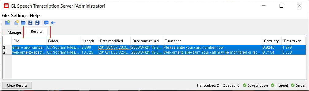 Speech Transcription Server results